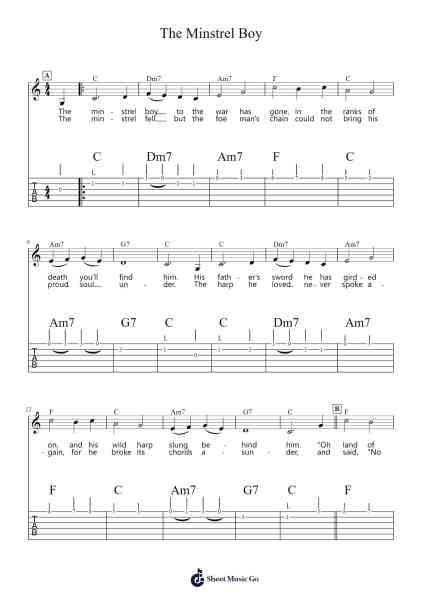 The Minstrel Boy Sheet Music by Thomas Moore-Arr.Elboyce