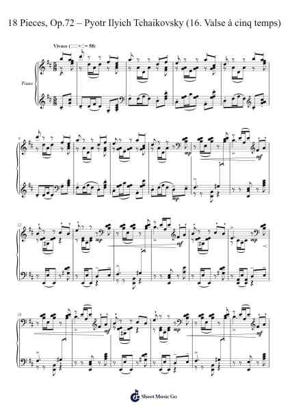 18 Pieces, Op. 72: No. 16, Valse à cinq temps Sheet Music by Pyotr Ilyich Tchaikovsky-Arr.Osger