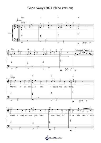 Gone Away (2021 Piano version) Sheet Music by The Offspring-Arr.Bertreade