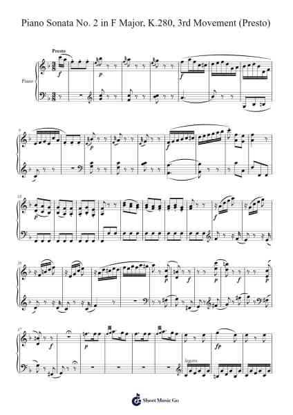 Piano Sonata No. 2 in F Major, K.280, 3rd Movement (Presto) Sheet Music by Wolfgang Amadeus Mozart-Arr.Calbrown Yertate