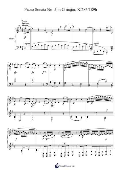Piano Sonata No. 5 in G Major, K. 283 Sheet Music by Wolfgang Amadeus Mozart-Arr.Thornle