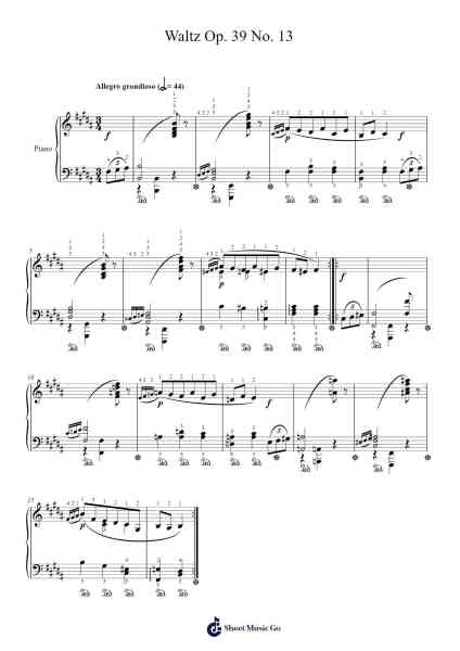 Waltz Op. 39 No. 13 Sheet Music by Johannes Brahms-Arr.Stator