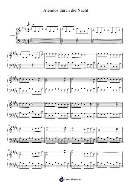 Atemlos durch die Nacht Ноты для фортепиано от Helene Fischer-Arr.Hewkay Brewstience
