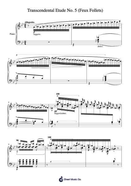 Transcendental Etude No. 5 in B-flat Major, S. 139 "Feux Follets" Musica per pianoforte di Franz Liszt - Arr.Grifgins