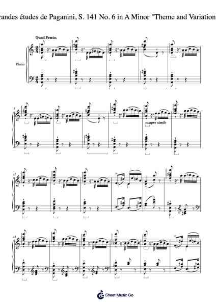 Grandes études de Paganini, S. 141 No. 6 in A Minor "Theme and Variations" Sheet Music by Franz Liszt-Arr.Norhall Claudewolf