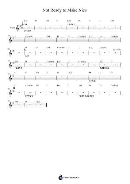 Not Ready to Make Nice Musica per pianoforte di The Chicks - Arr.Poundpe