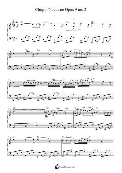 Chopin Nocturne Opus 9 no. 2 โน้ตเพลงโดย Frédéric François Chopin-Arr.Frannence Harstowe