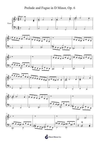 Prelude and Fugue in D Minor, Op. 6 樂譜由 Daitrid Piersliam - 編曲 Jebois Hudlap