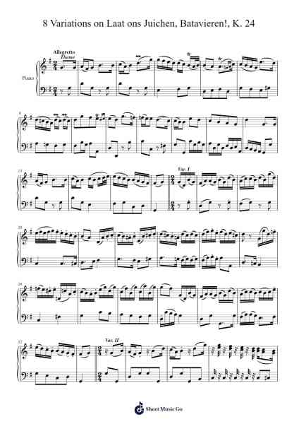 8 Variations on "Laat ons Juichen, Batavieren!" K. 24 樂譜由 Wolfgang Amadeus Mozart - 編曲 Morecius Wake