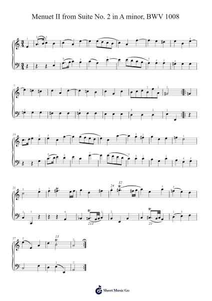 Suite No. 2 in A Minor, BWV 1008: Menuet II Sheet Music by Johann Sebastian Bach-Arr.Kitfy